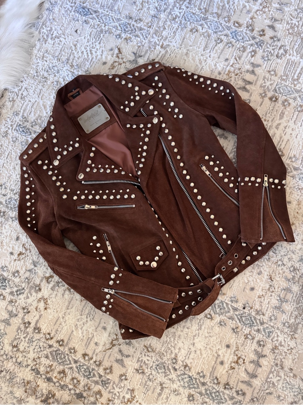 Women's Brown Studded Suede Biker Jacket